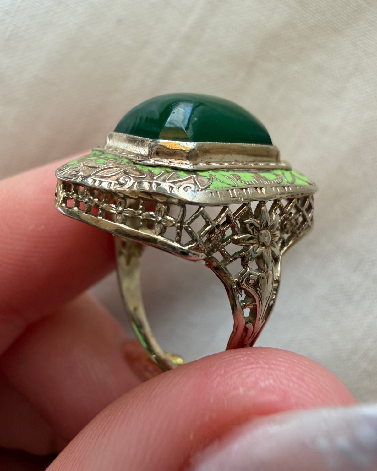 Art Deco 14k White Gold, Green Chrysoprase, and Enamel Bezel Ring - Clover Collective Antiques