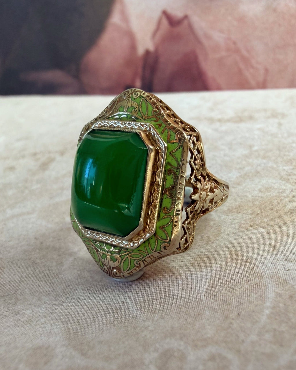 Art Deco 14k White Gold, Green Chrysoprase, and Enamel Bezel Ring - Clover Collective Antiques