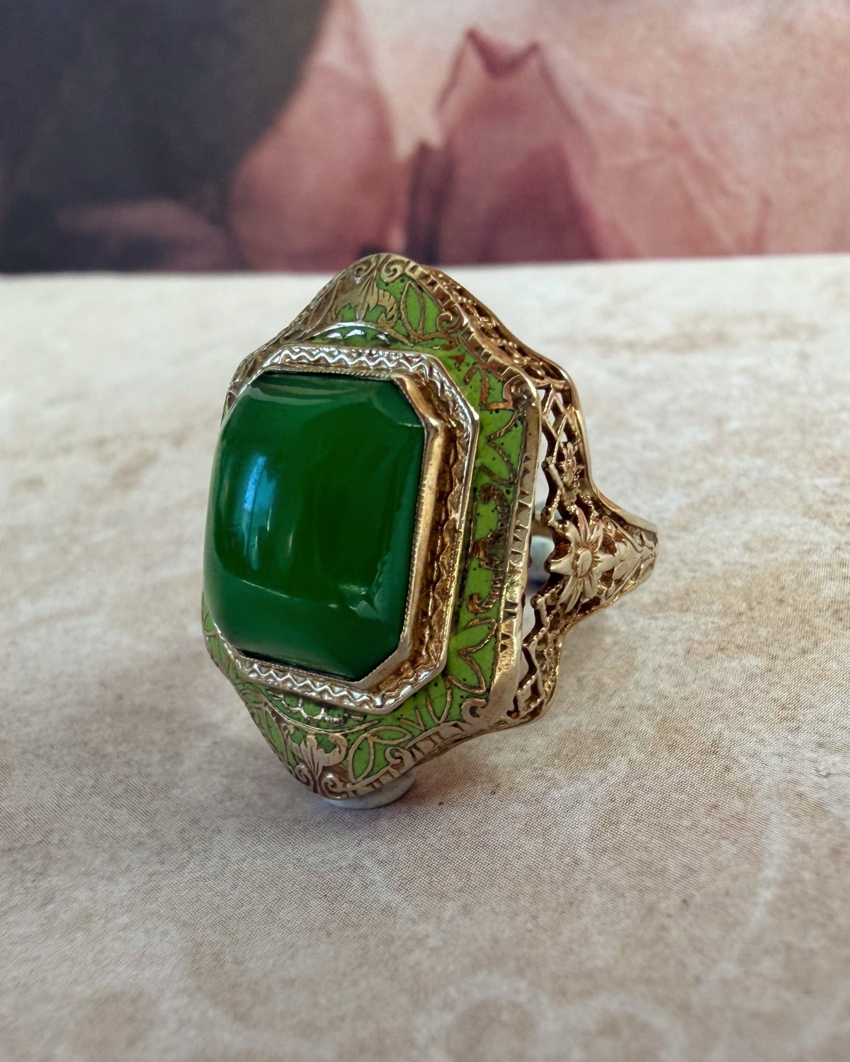 Art Deco 14k White Gold, Green Chrysoprase, and Enamel Bezel Ring - Clover Collective Antiques