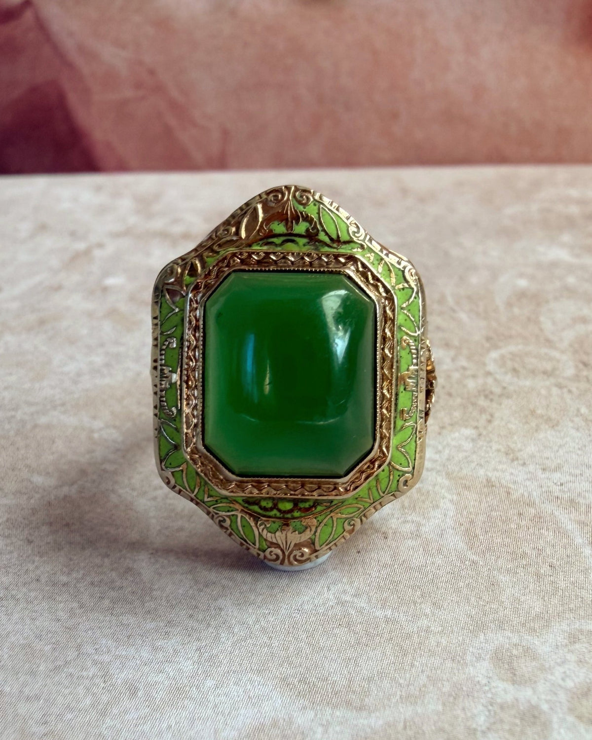 Art Deco 14k White Gold, Green Chrysoprase, and Enamel Bezel Ring - Clover Collective Antiques