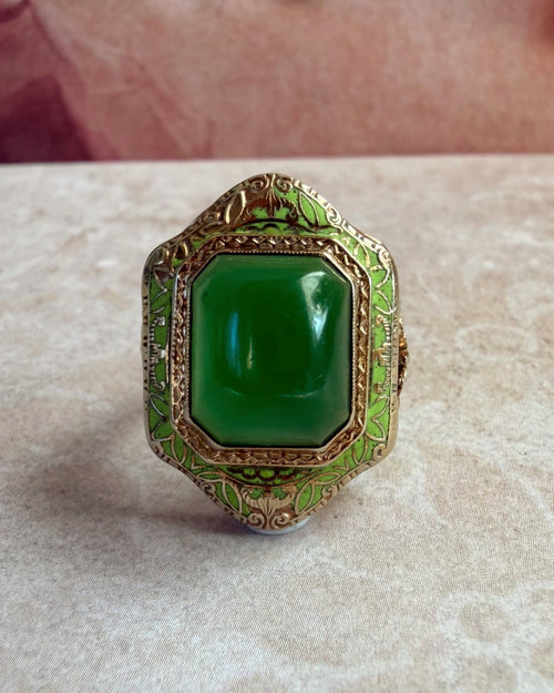 Art Deco 14k White Gold, Green Chrysoprase, and Enamel Bezel Ring - Clover Collective Antiques
