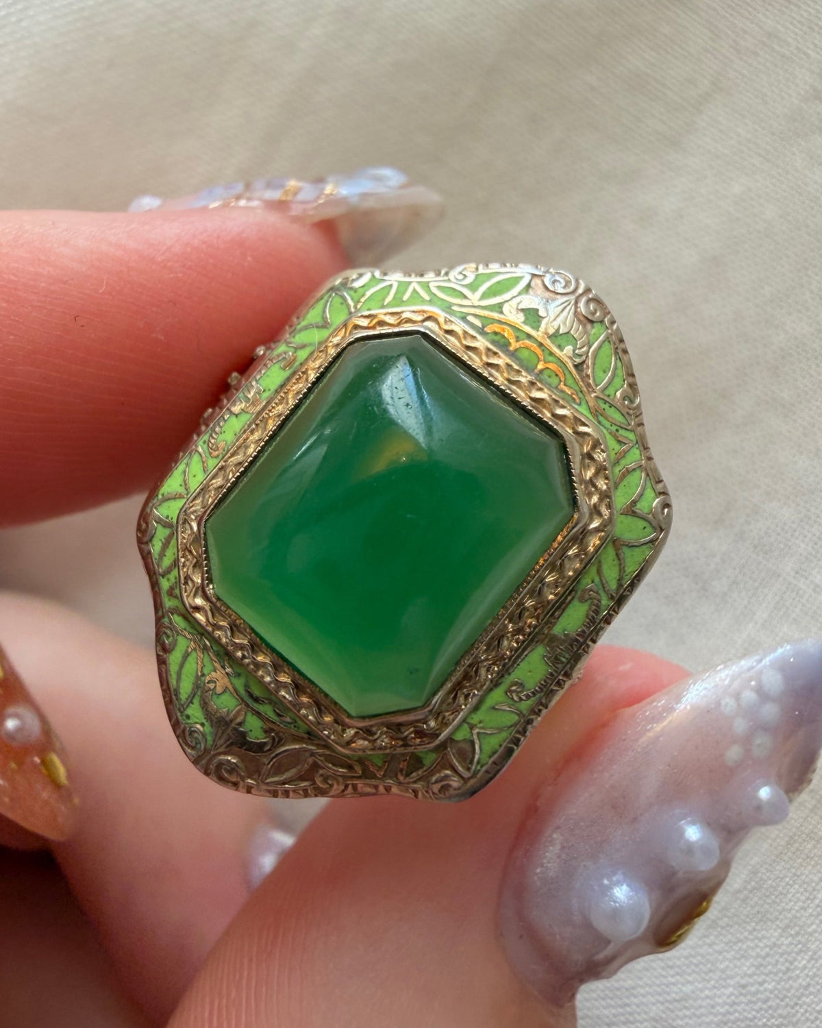 Art Deco 14k White Gold, Green Chrysoprase, and Enamel Bezel Ring - Clover Collective Antiques
