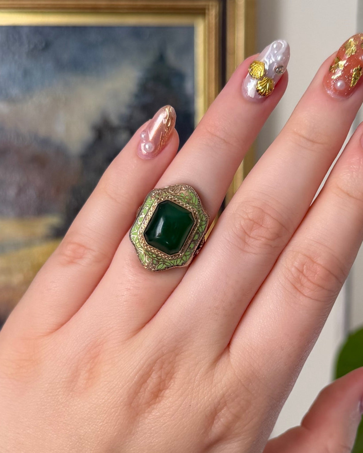 Art Deco 14k White Gold, Green Chrysoprase, and Enamel Bezel Ring - Clover Collective Antiques