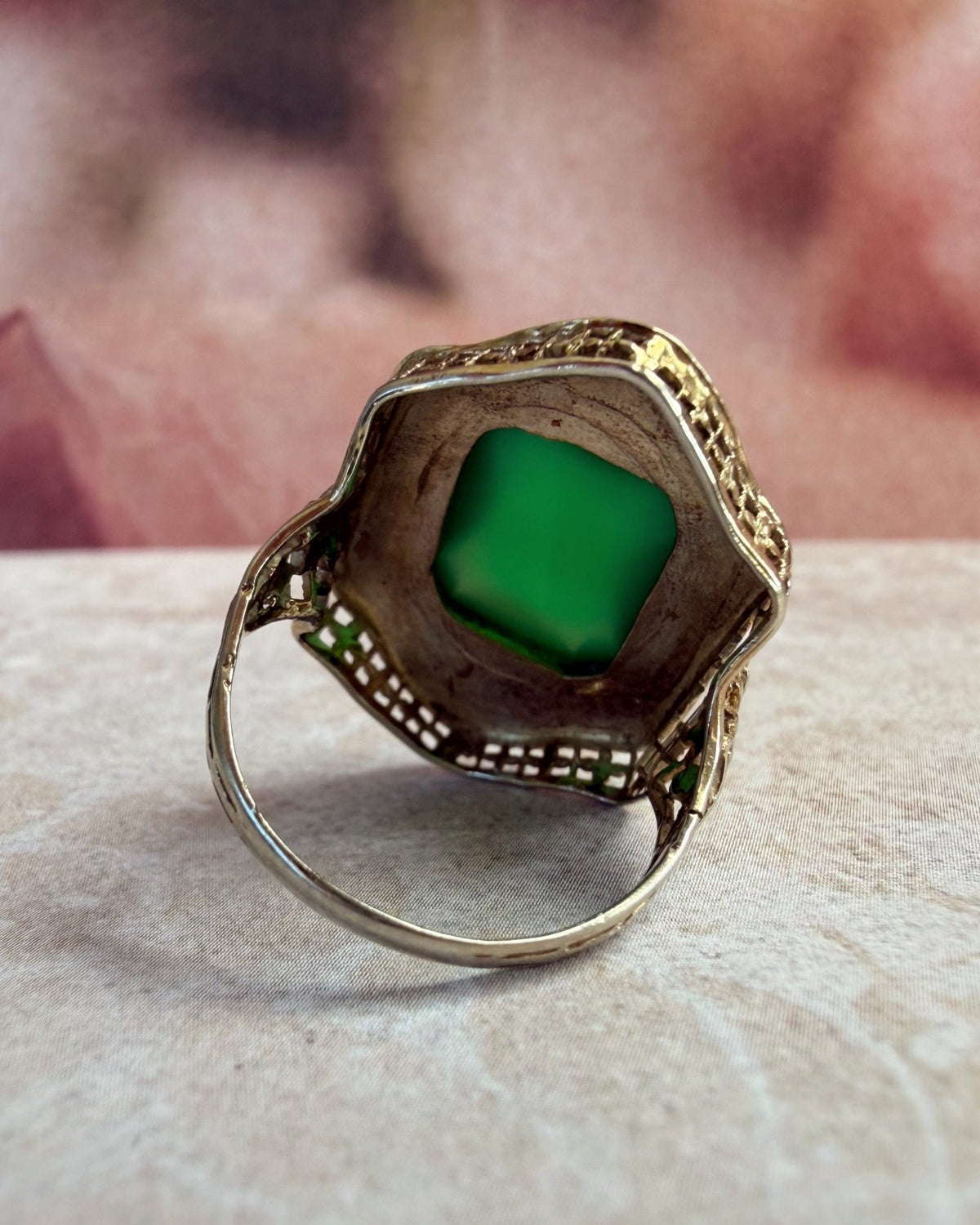 Art Deco 14k White Gold, Green Chrysoprase, and Enamel Bezel Ring - Clover Collective Antiques