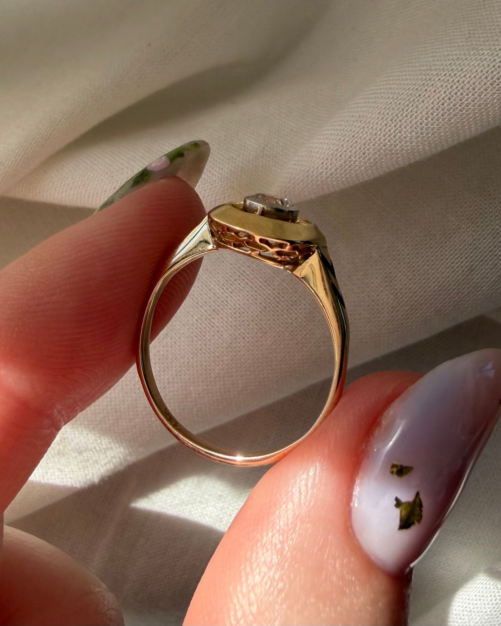 Art Deco 14k Yellow Gold, Old European Cut Diamond, and Enamel Target Ring - Clover Collective Antiques