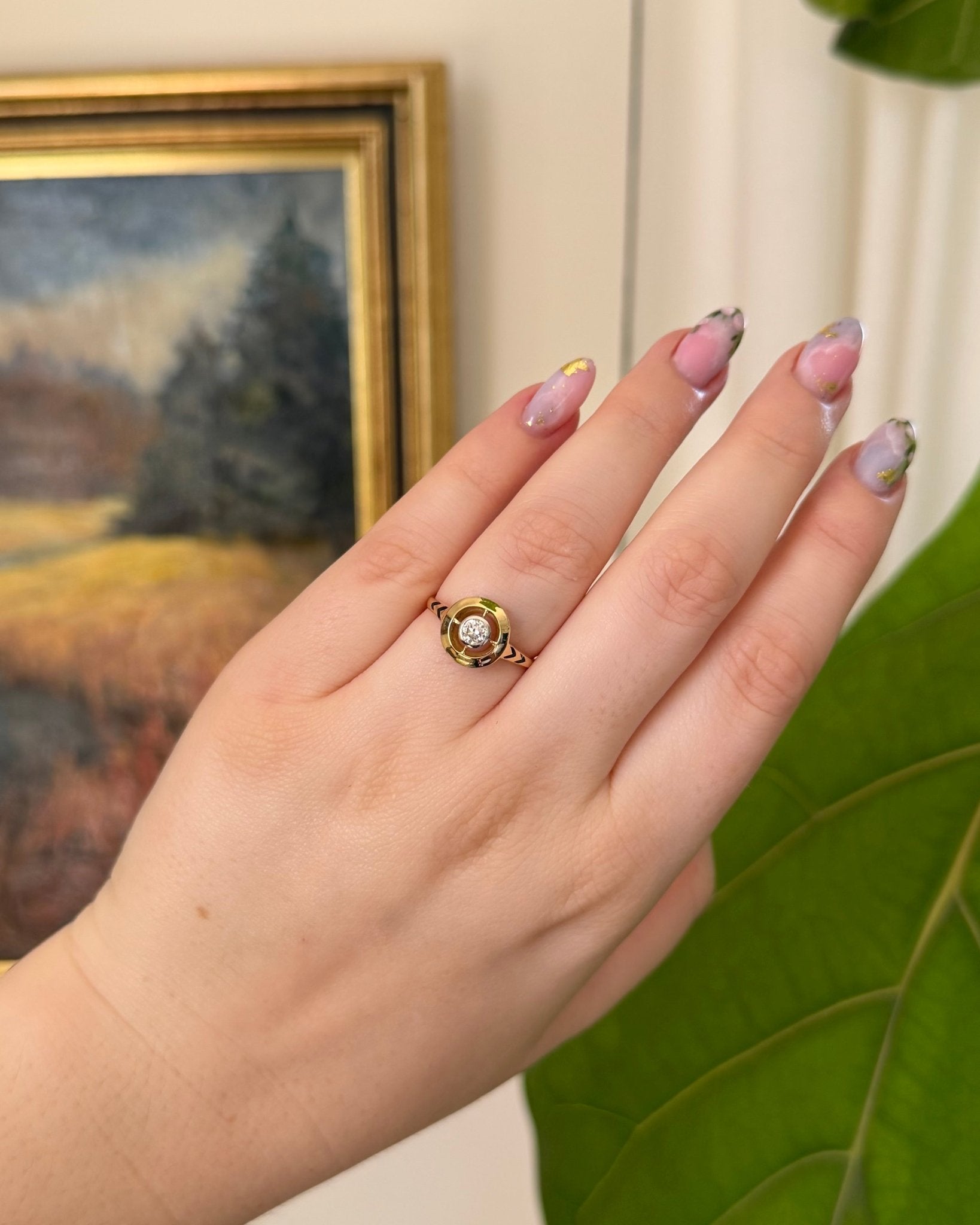 Art Deco 14k Yellow Gold, Old European Cut Diamond, and Enamel Target Ring - Clover Collective Antiques