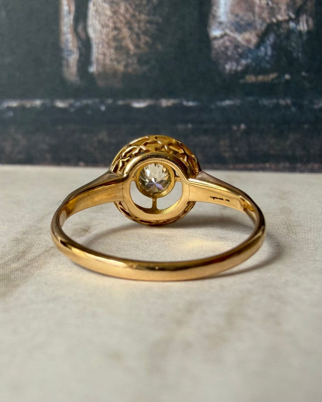 Art Deco 14k Yellow Gold, Old European Cut Diamond, and Enamel Target Ring - Clover Collective Antiques
