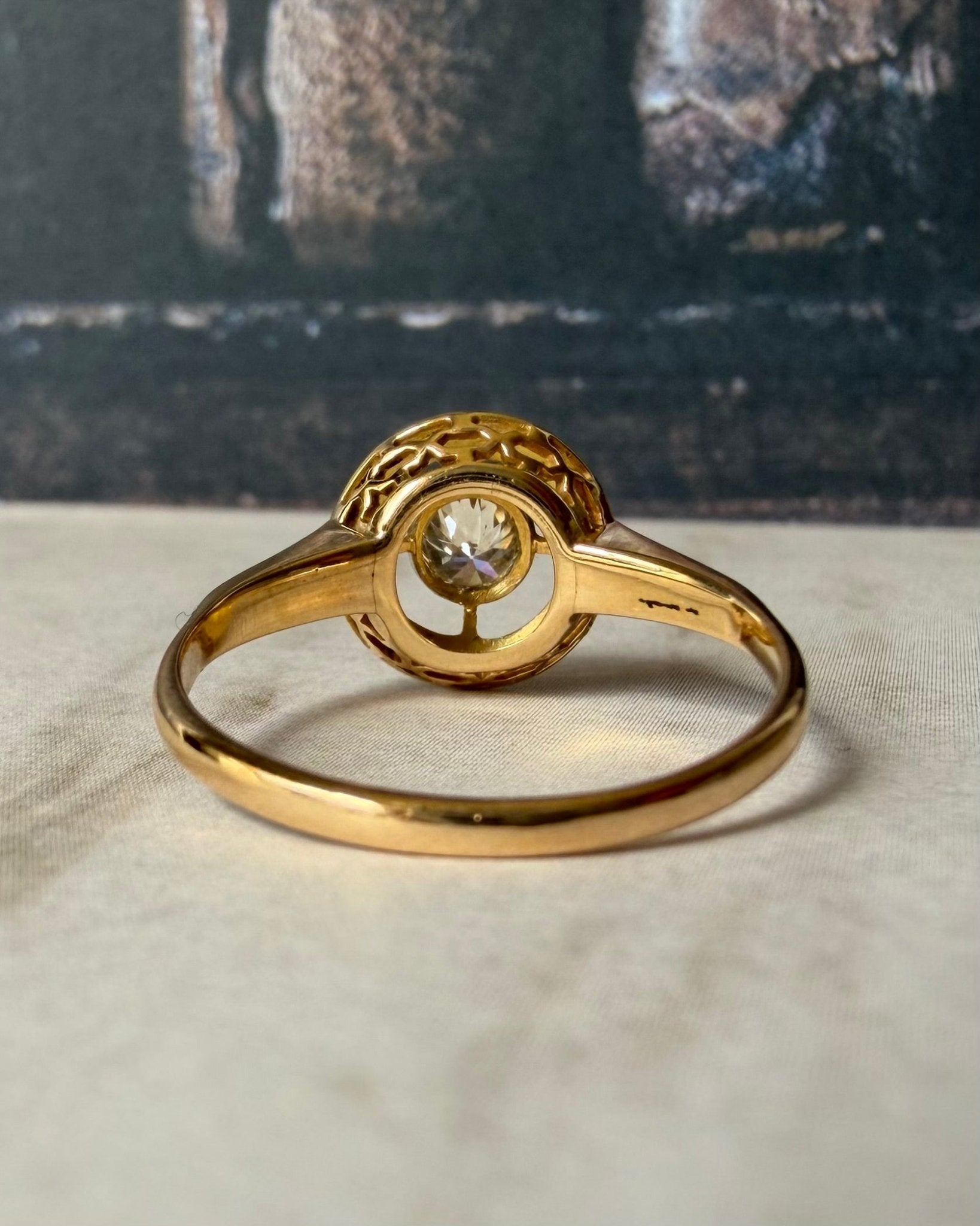 Art Deco 14k Yellow Gold, Old European Cut Diamond, and Enamel Target Ring - Clover Collective Antiques