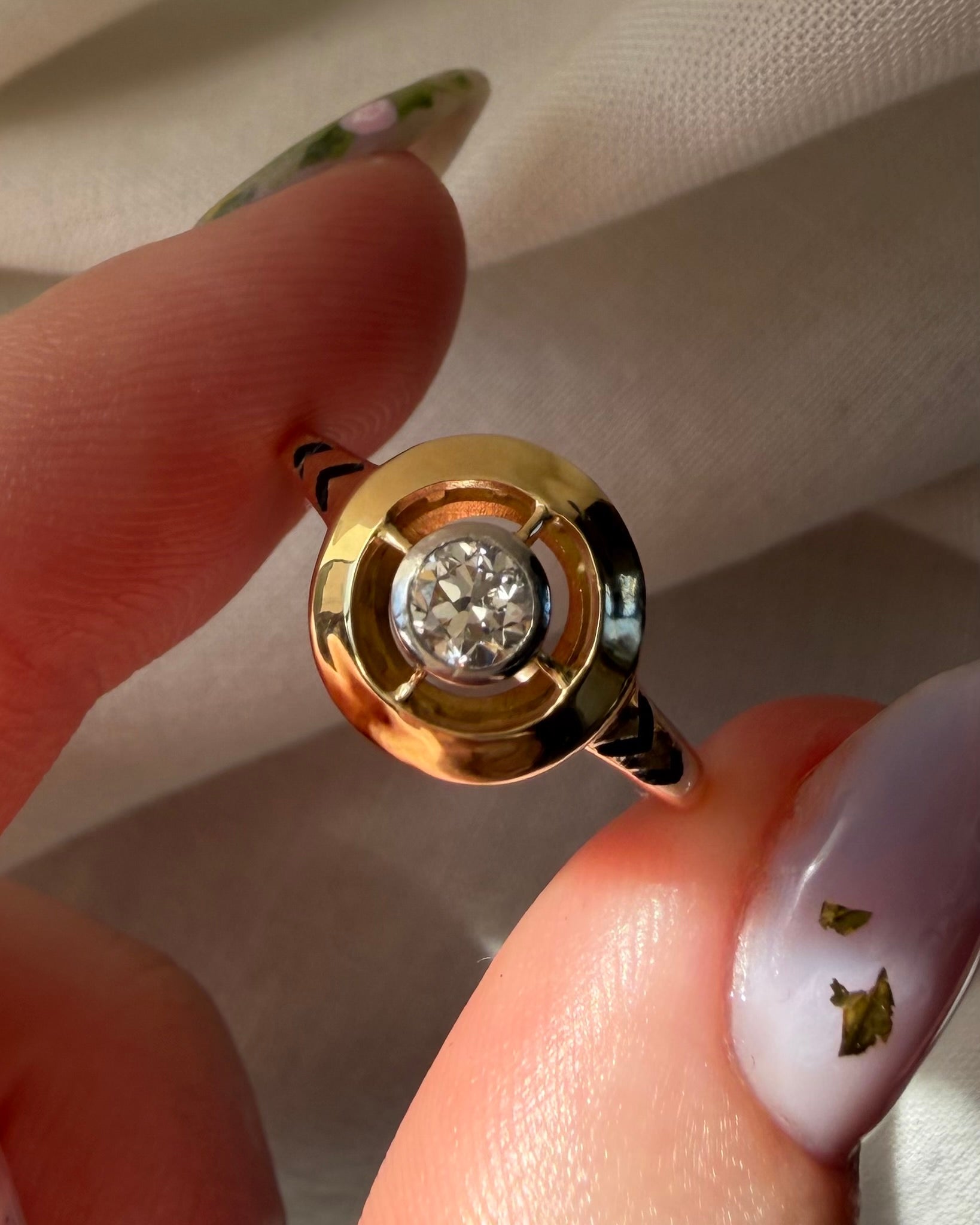 Art Deco 14k Yellow Gold, Old European Cut Diamond, and Enamel Target Ring - Clover Collective Antiques