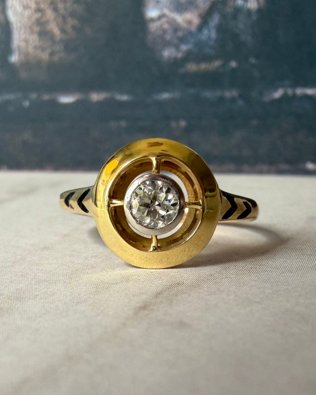 Art Deco 14k Yellow Gold, Old European Cut Diamond, and Enamel Target Ring - Clover Collective Antiques
