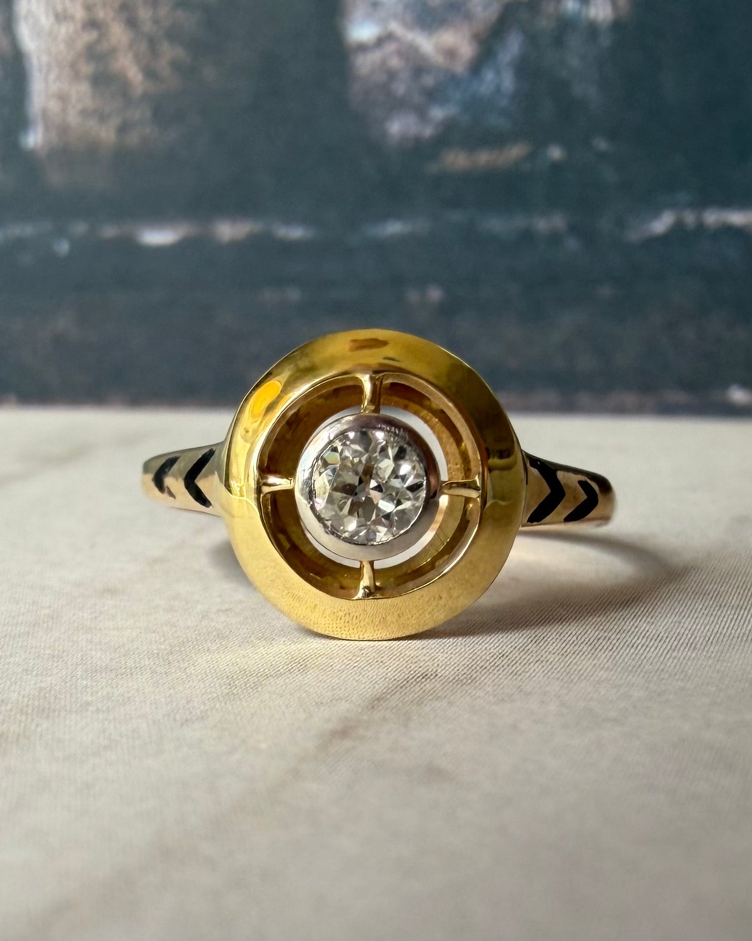 Art Deco 14k Yellow Gold, Old European Cut Diamond, and Enamel Target Ring - Clover Collective Antiques