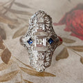Art Deco 18k White Gold, Diamond, and Sapphire Filigree Shield Dinner Ring - Clover Collective Antiques