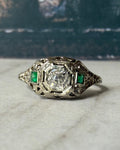Art Deco 18k White Gold, Old Mine Diamond, and Emerald Filigree Ring - Clover Collective Antiques