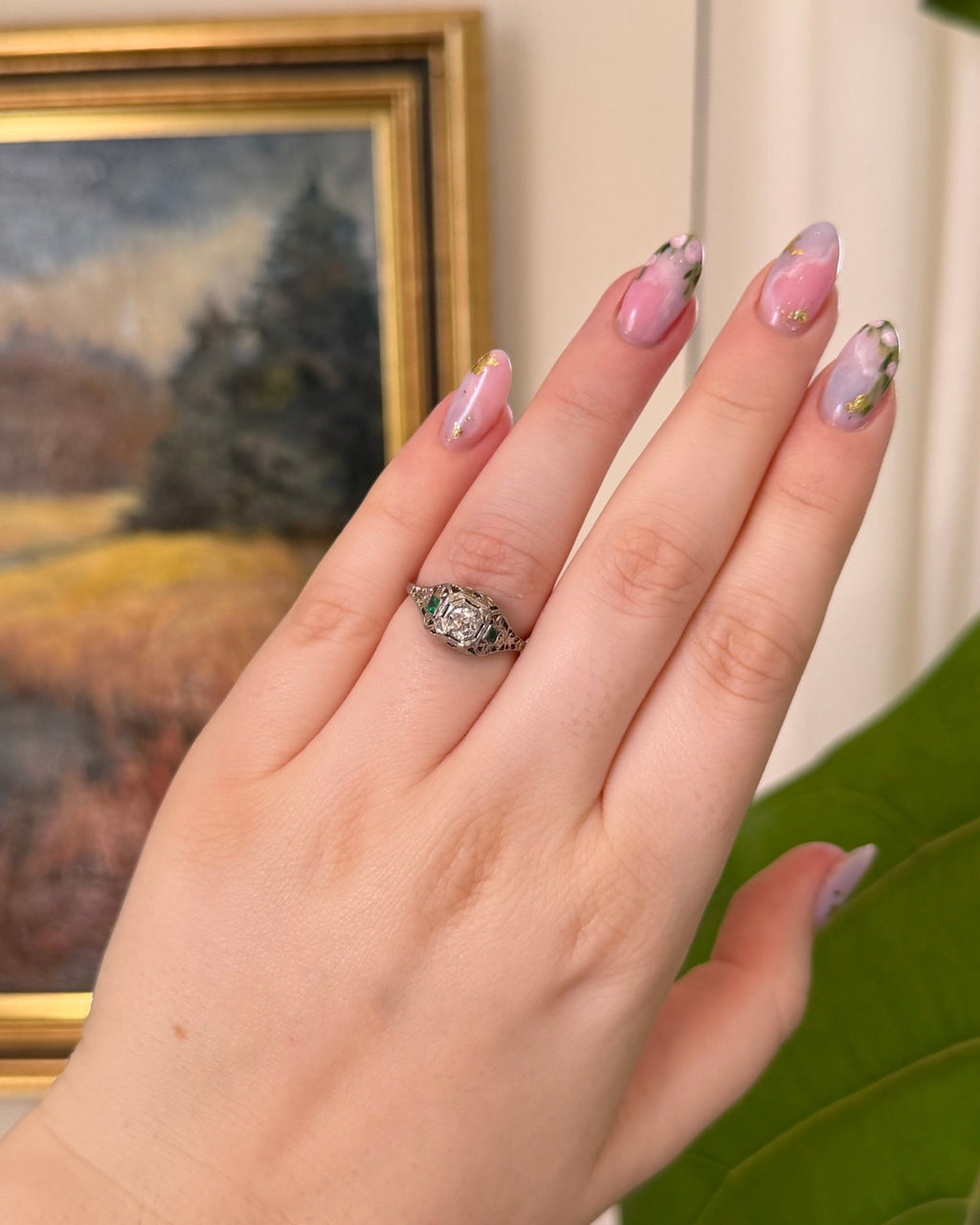 Art Deco 18k White Gold, Old Mine Diamond, and Emerald Filigree Ring - Clover Collective Antiques