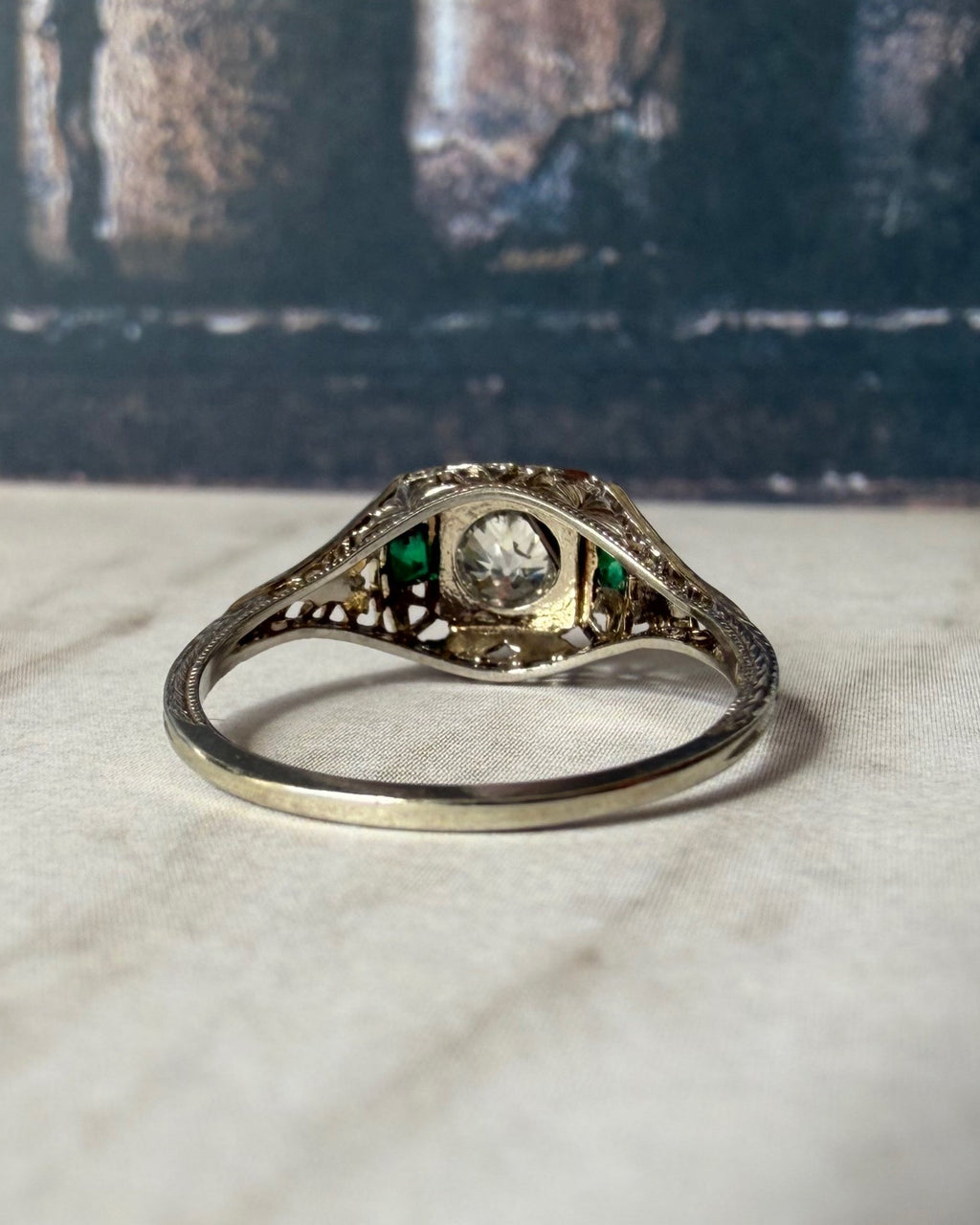 Art Deco 18k White Gold, Old Mine Diamond, and Emerald Filigree Ring - Clover Collective Antiques