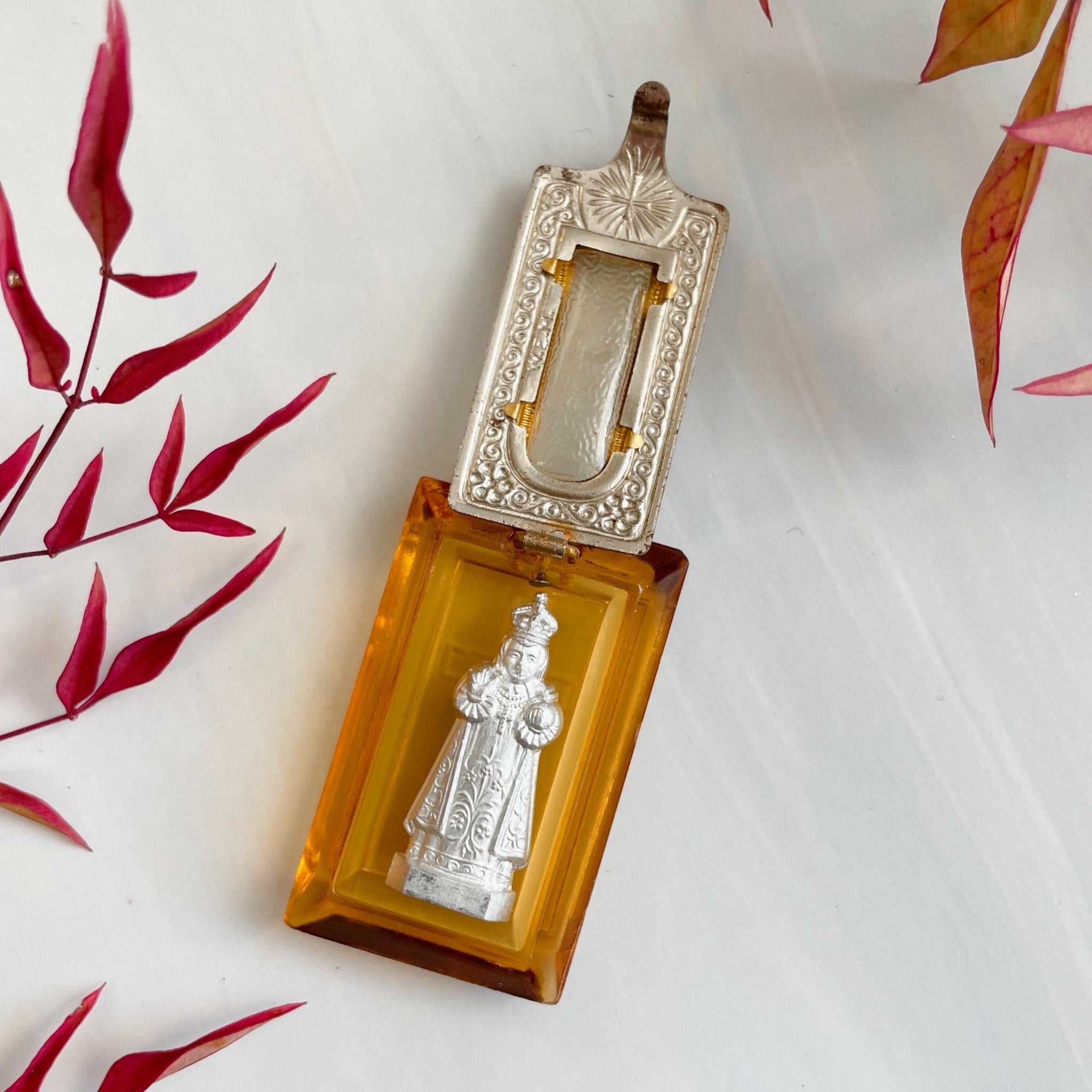 Art Deco Czechoslovakian Glass and Silver - Plated Catholic Pocket Shrine Locket - Clover Collective Antiques