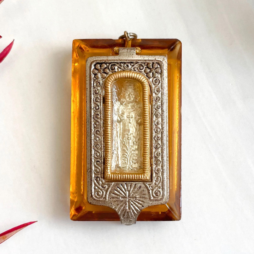 Art Deco Czechoslovakian Glass and Silver - Plated Catholic Pocket Shrine Locket - Clover Collective Antiques