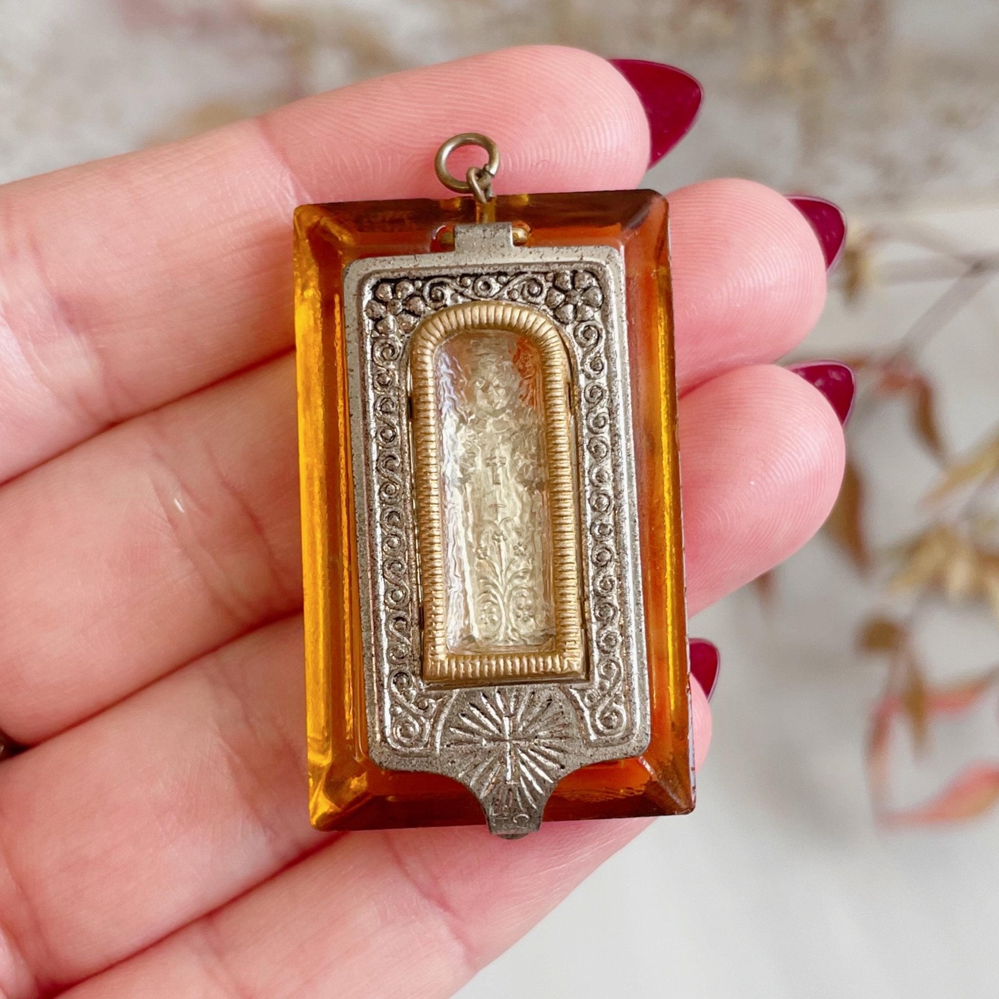 Art Deco Czechoslovakian Glass and Silver - Plated Catholic Pocket Shrine Locket - Clover Collective Antiques