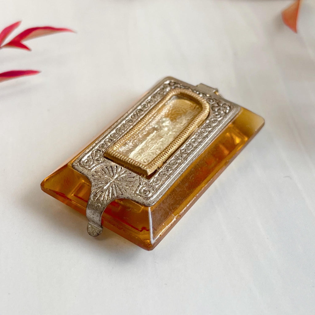 Art Deco Czechoslovakian Glass and Silver - Plated Catholic Pocket Shrine Locket - Clover Collective Antiques
