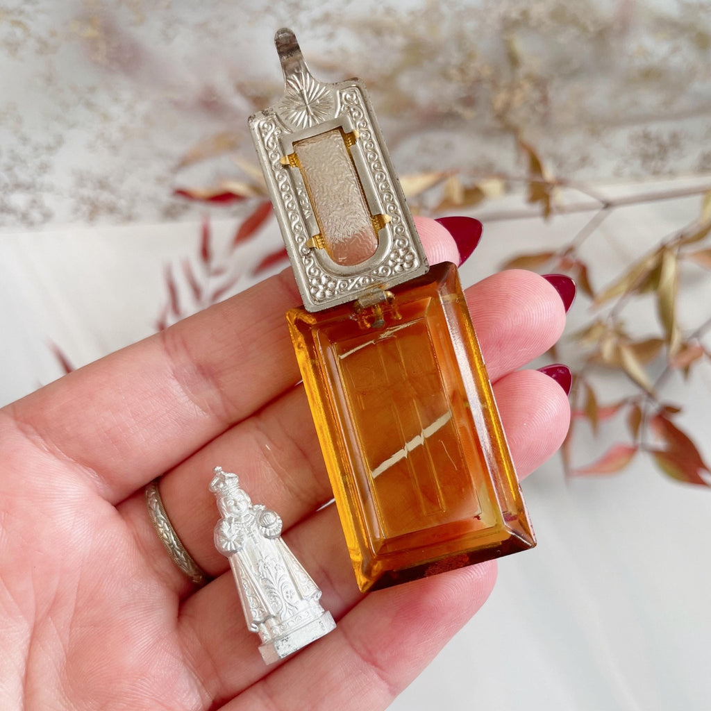 Art Deco Czechoslovakian Glass and Silver - Plated Catholic Pocket Shrine Locket - Clover Collective Antiques