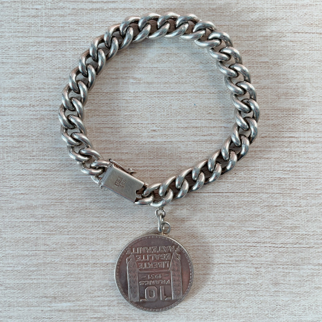 Art Deco Friedrich Binder Mainz Silver Charm Bracelet with French Turin 1931 10 Francs Silver Coin - Clover Collective Antiques