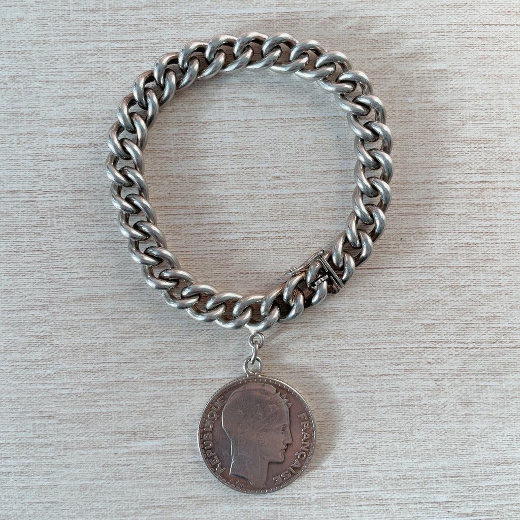 Art Deco Friedrich Binder Mainz Silver Charm Bracelet with French Turin 1931 10 Francs Silver Coin - Clover Collective Antiques