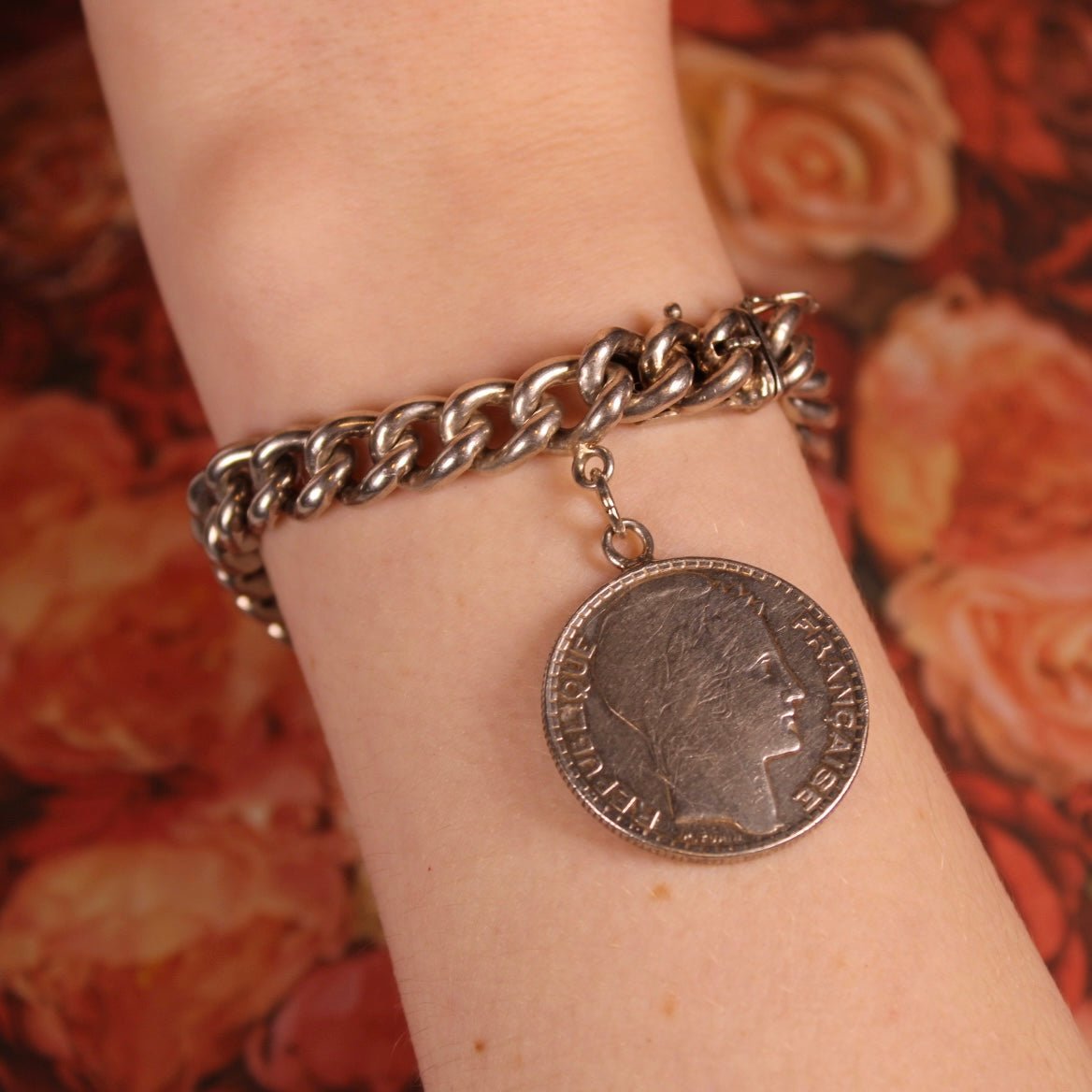 Art Deco Friedrich Binder Mainz Silver Charm Bracelet with French Turin 1931 10 Francs Silver Coin - Clover Collective Antiques