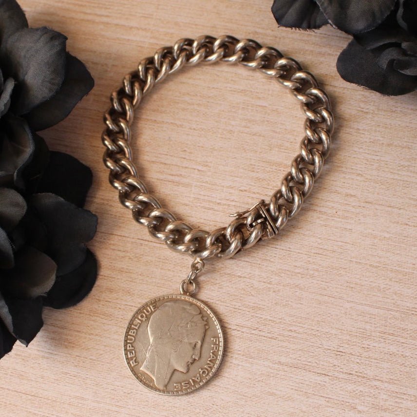 Art Deco Friedrich Binder Mainz Silver Charm Bracelet with French Turin 1931 10 Francs Silver Coin - Clover Collective Antiques