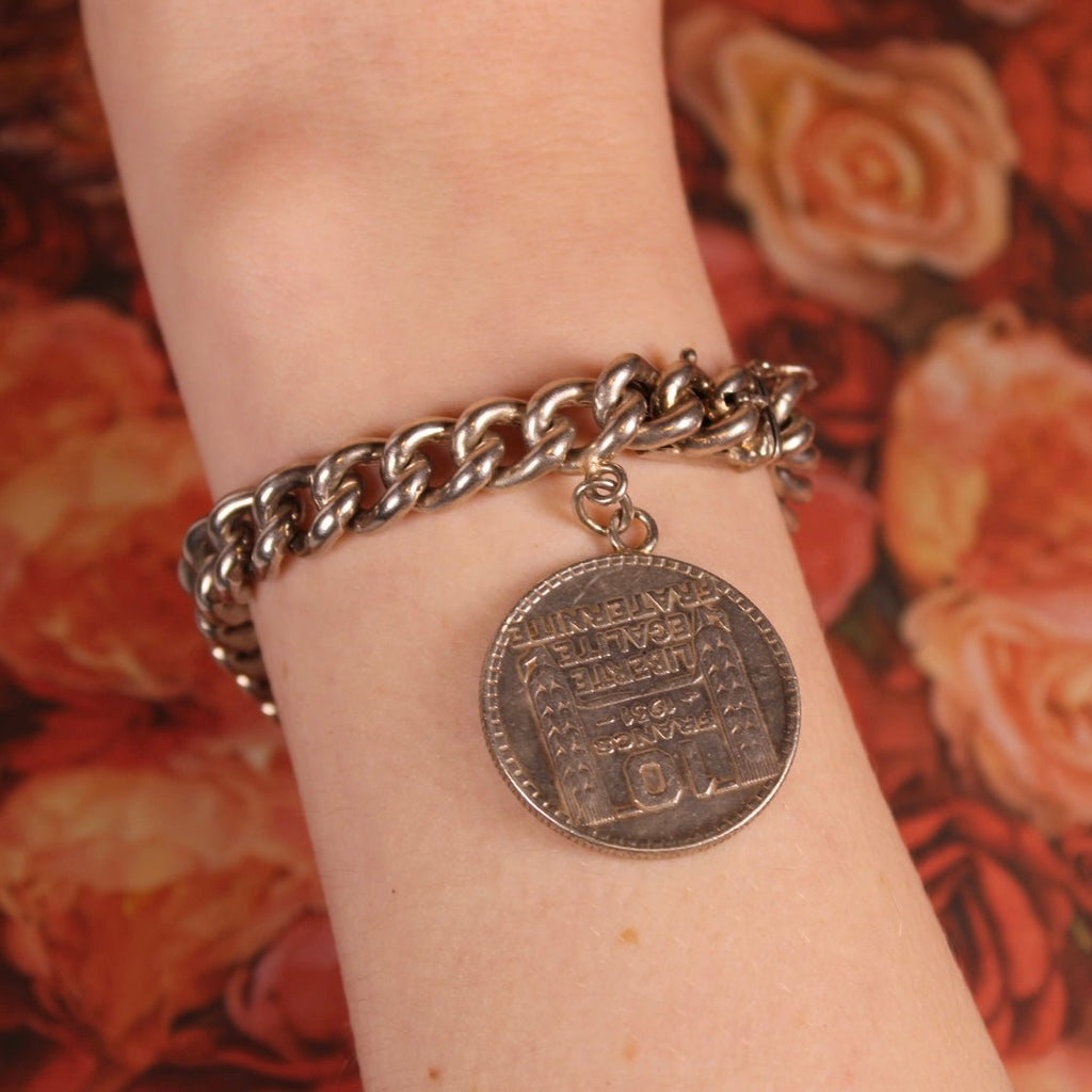 Art Deco Friedrich Binder Mainz Silver Charm Bracelet with French Turin 1931 10 Francs Silver Coin - Clover Collective Antiques