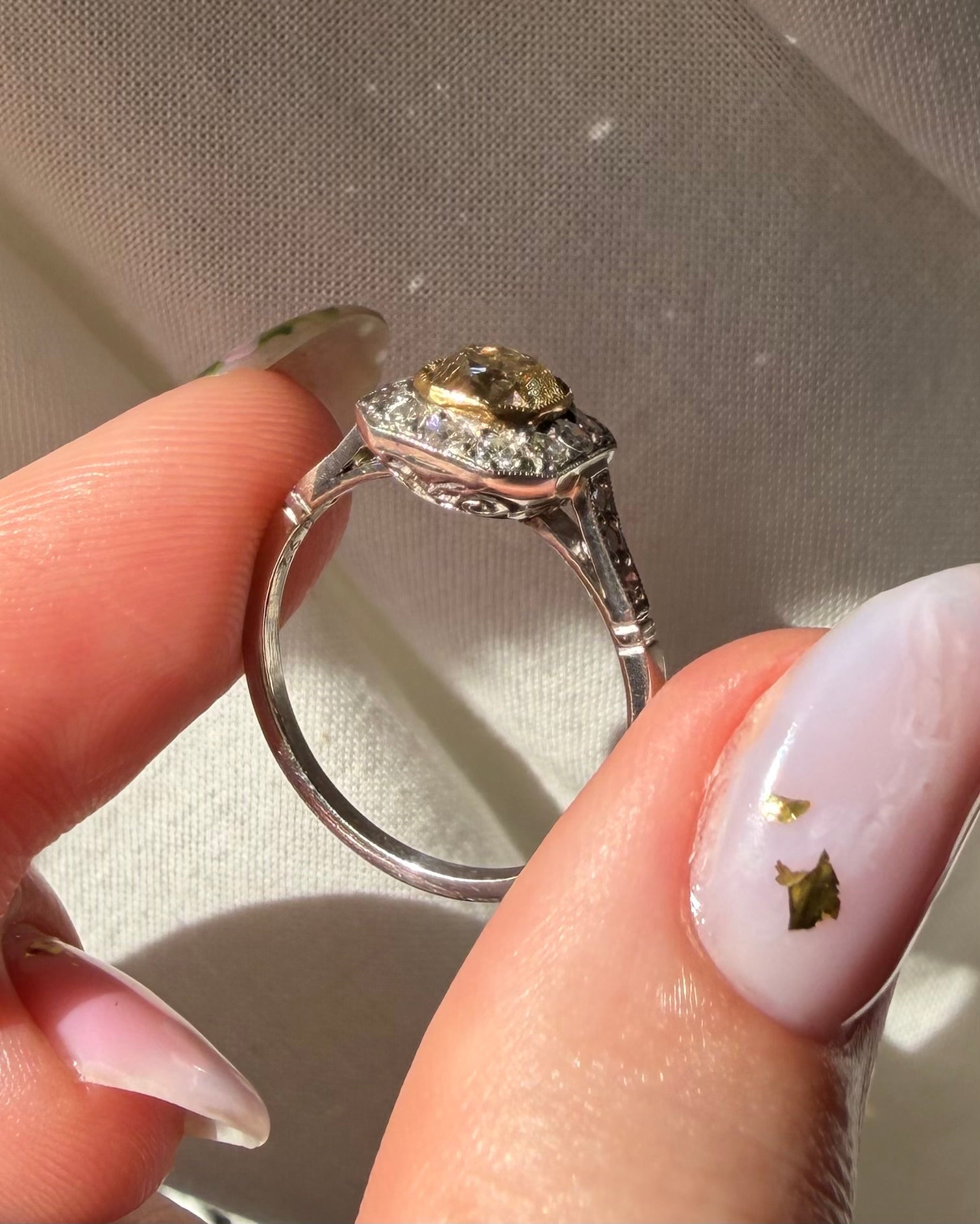 Art Deco - Inspired Platinum Fancy Light Brown Old Mine Cut Halo Ring - Clover Collective Antiques