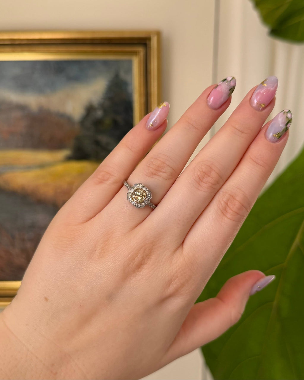 Art Deco - Inspired Platinum Fancy Light Brown Old Mine Cut Halo Ring - Clover Collective Antiques