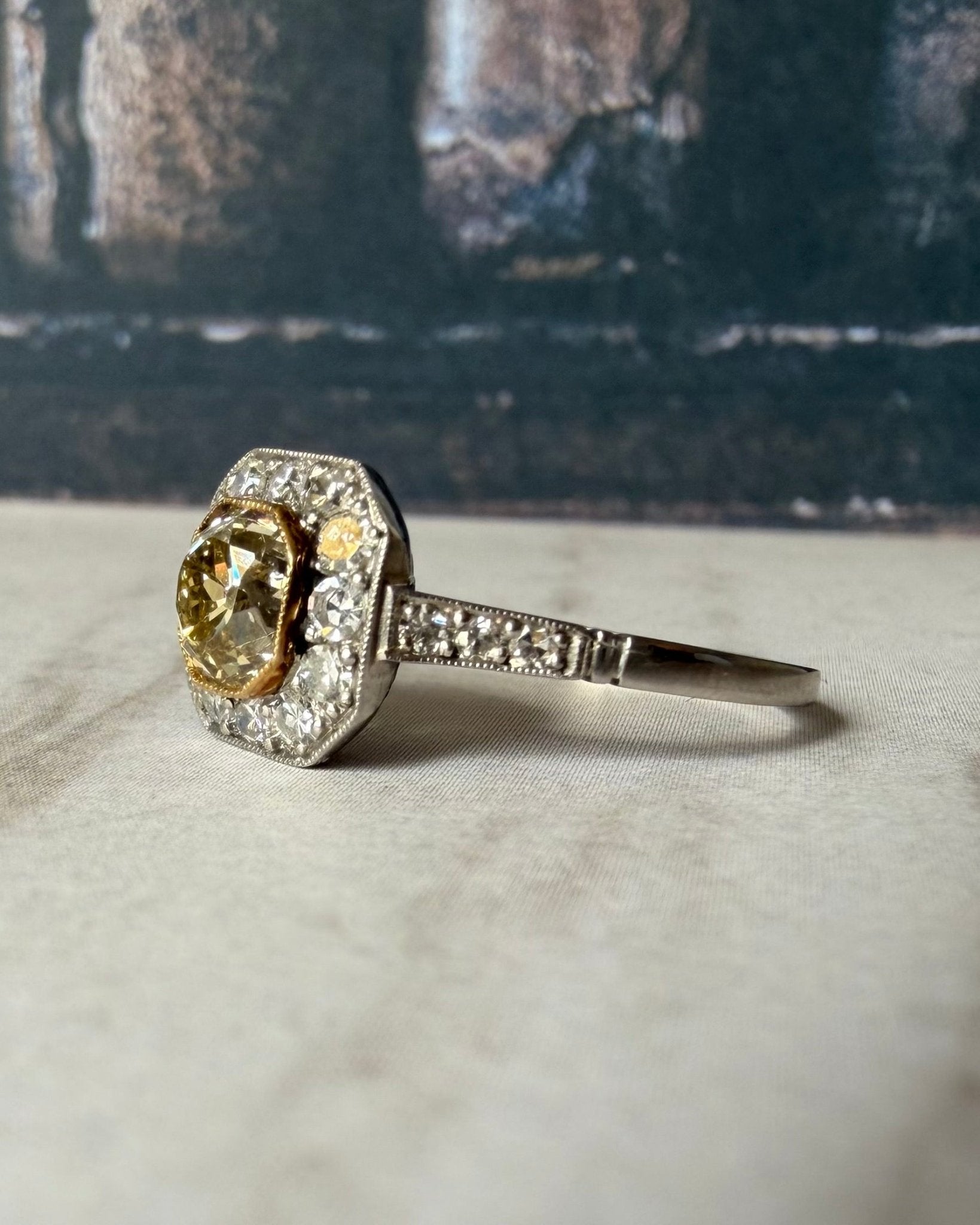 Art Deco - Inspired Platinum Fancy Light Brown Old Mine Cut Halo Ring - Clover Collective Antiques