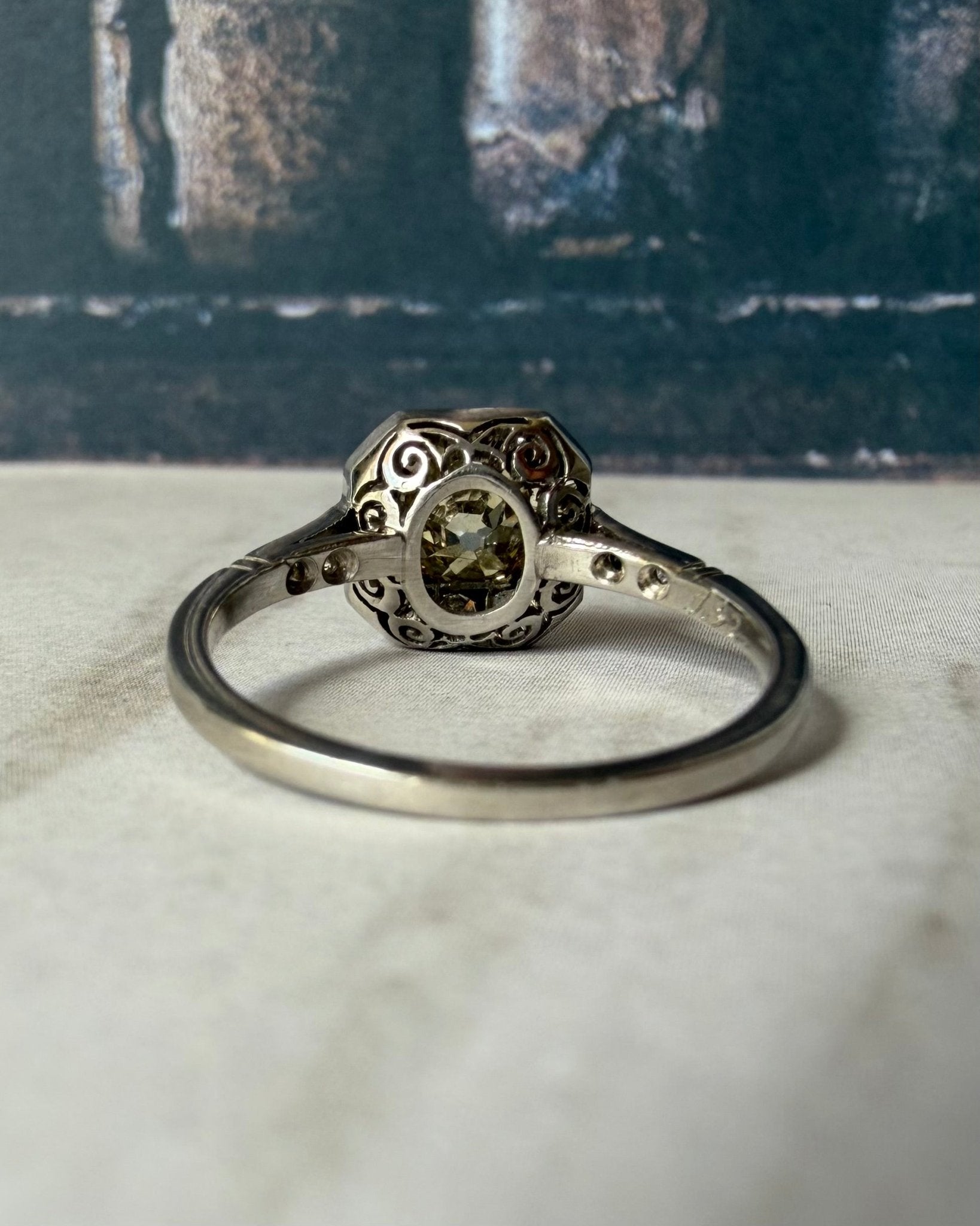Art Deco - Inspired Platinum Fancy Light Brown Old Mine Cut Halo Ring - Clover Collective Antiques