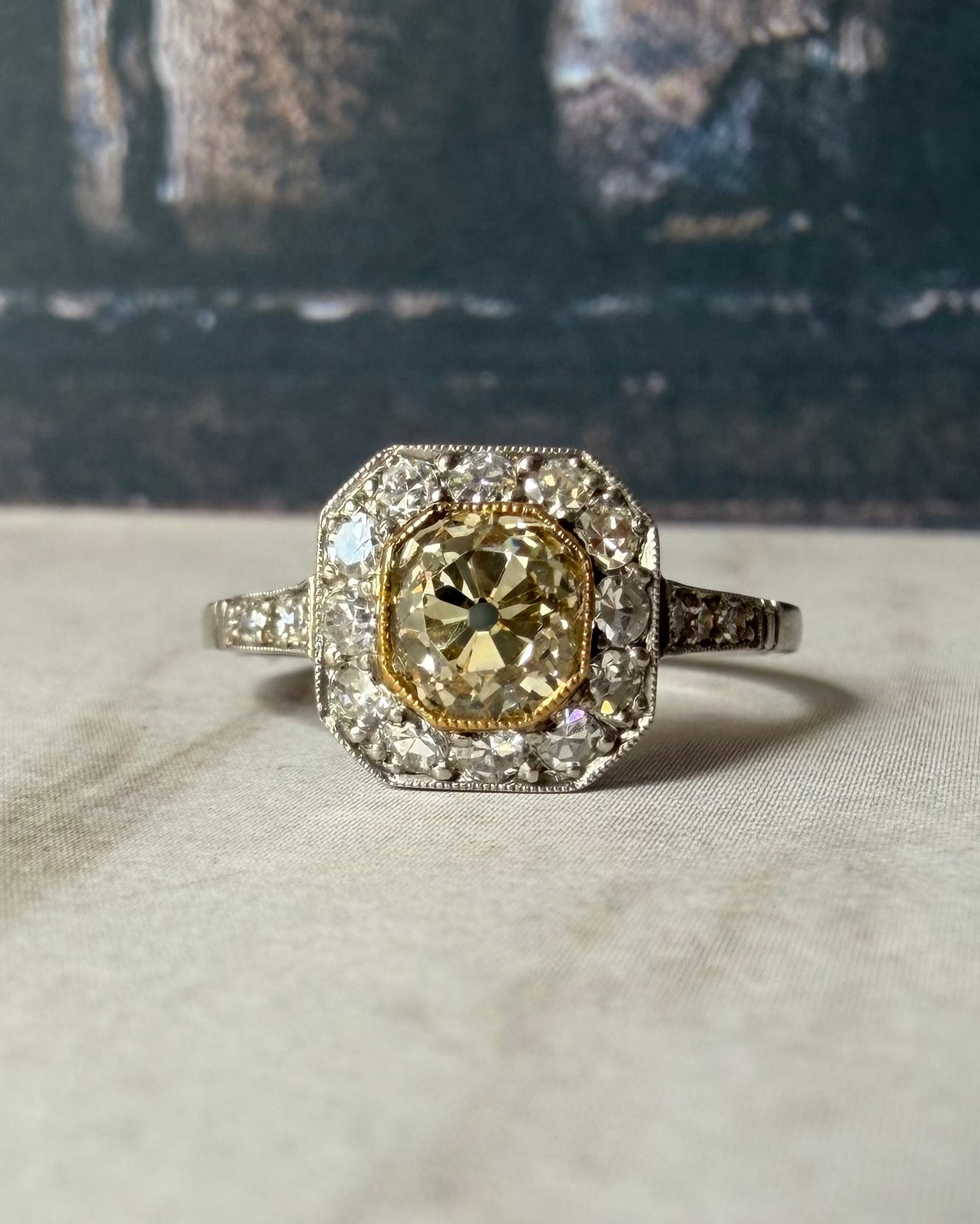 Art Deco - Inspired Platinum Fancy Light Brown Old Mine Cut Halo Ring - Clover Collective Antiques