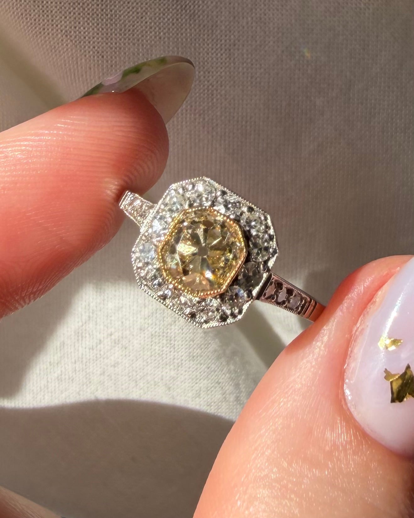 Art Deco - Inspired Platinum Fancy Light Brown Old Mine Cut Halo Ring - Clover Collective Antiques