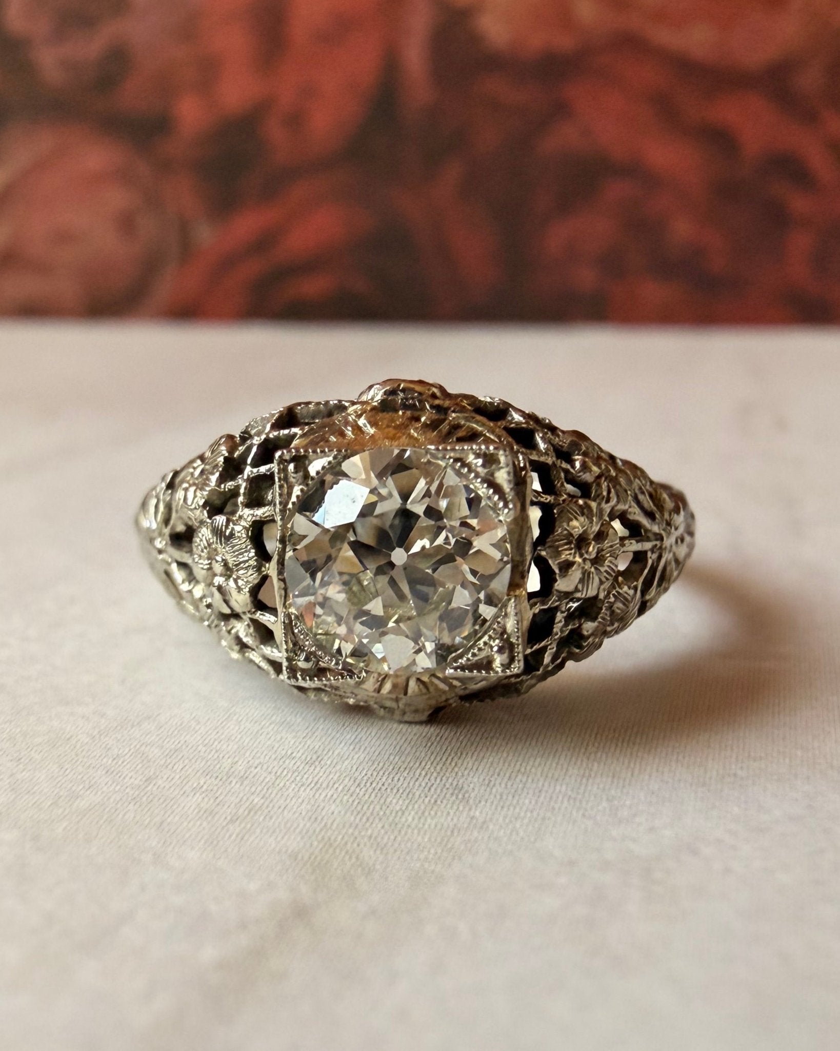 Art Deco Old European Cut Diamond and 18k White Gold Filigree Ring - Clover Collective Antiques
