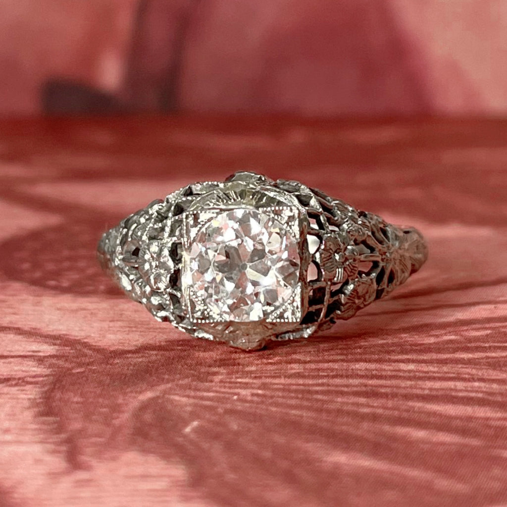 Art Deco Old European Cut Diamond and 18k White Gold Filigree Ring - Clover Collective Antiques