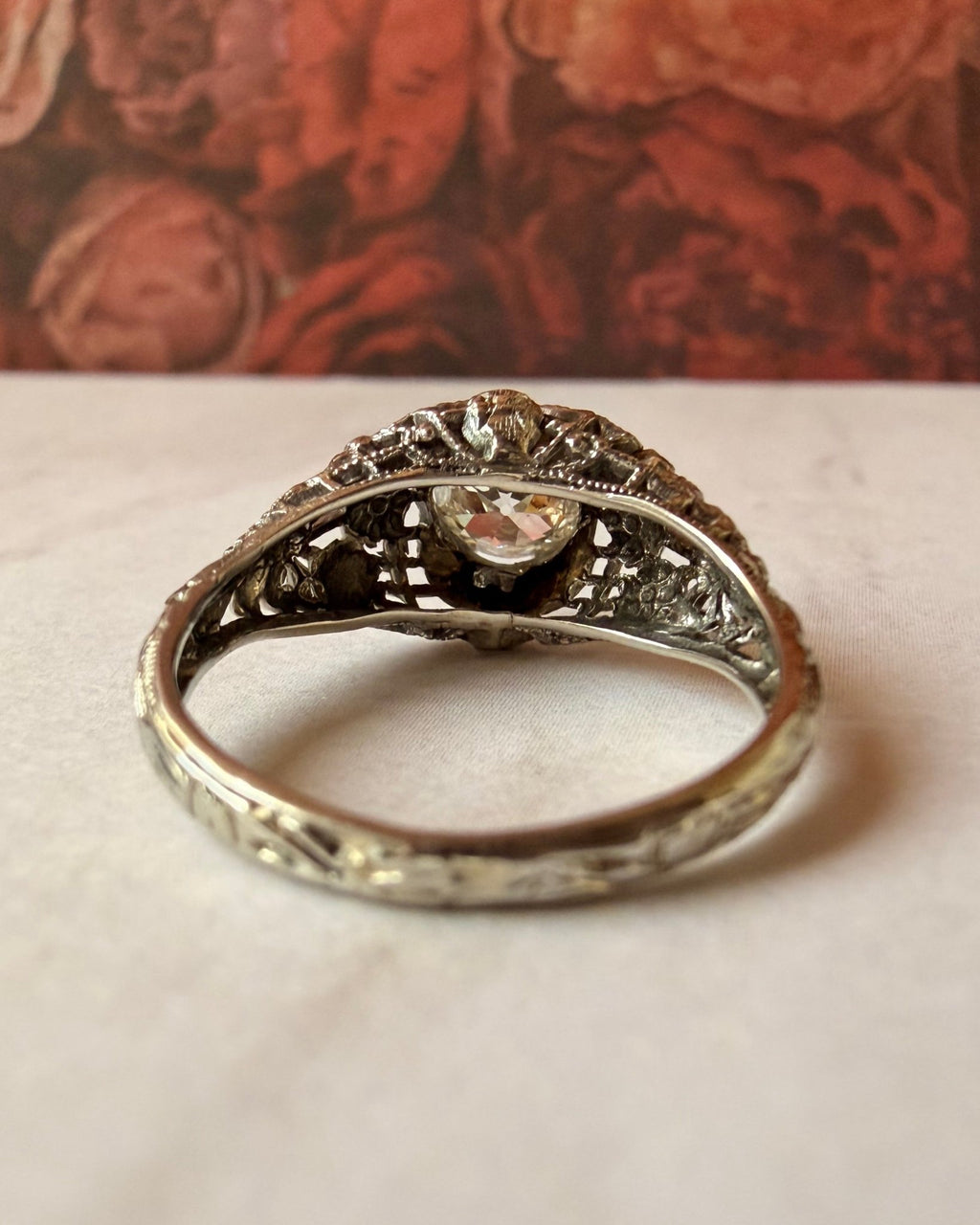 Art Deco Old European Cut Diamond and 18k White Gold Filigree Ring - Clover Collective Antiques