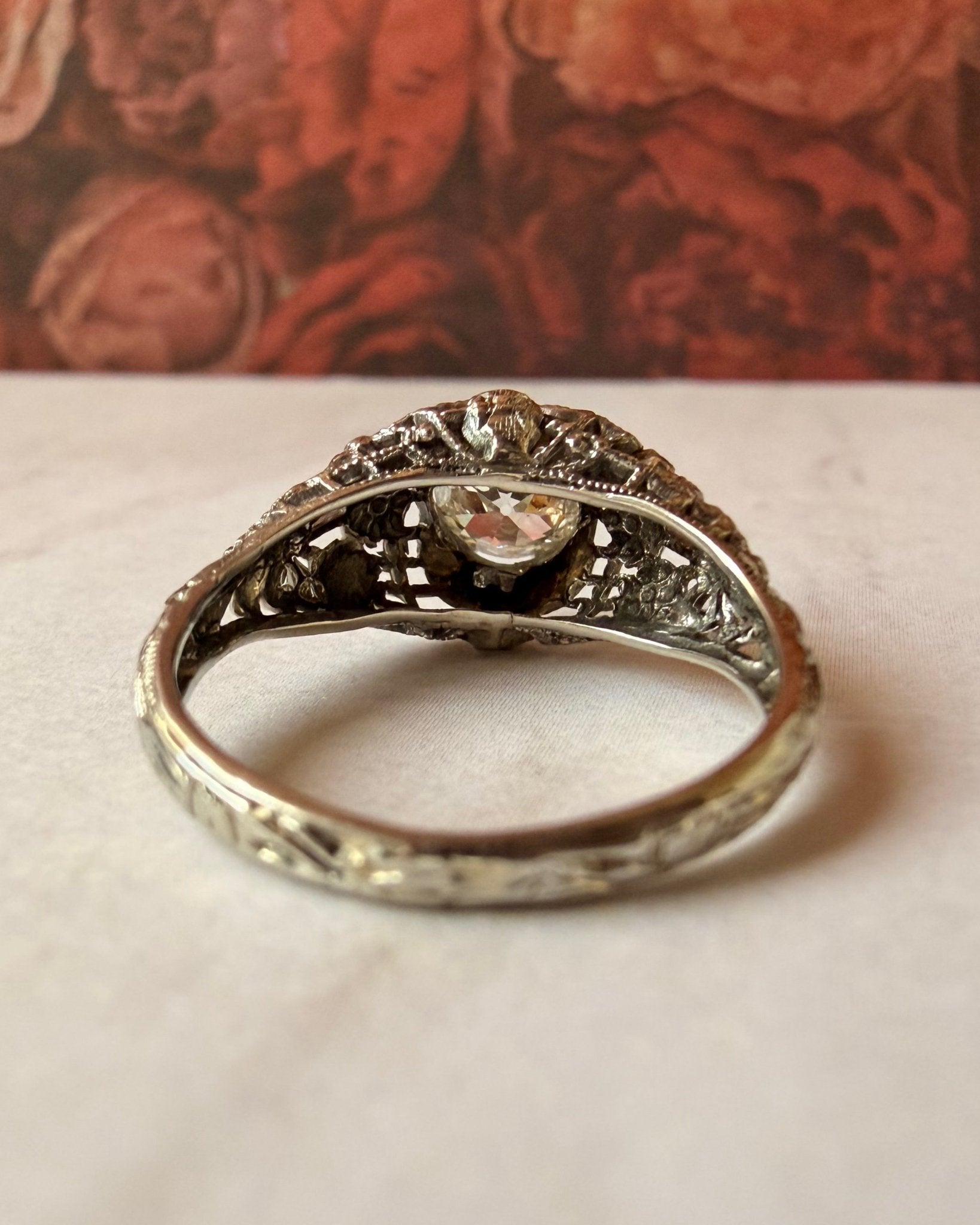 Art Deco Old European Cut Diamond and 18k White Gold Filigree Ring - Clover Collective Antiques