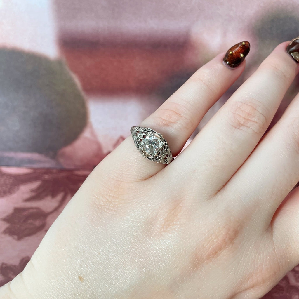 Art Deco Old European Cut Diamond and 18k White Gold Filigree Ring - Clover Collective Antiques