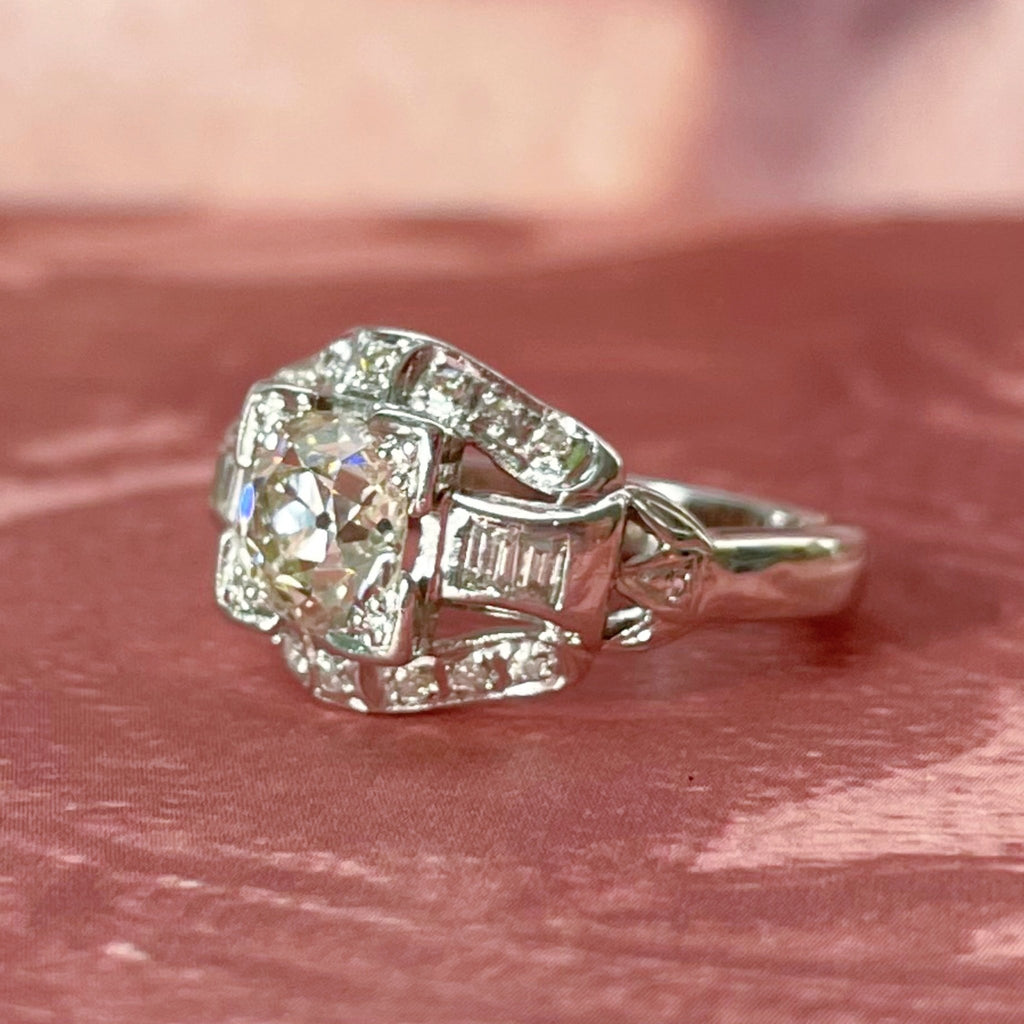 Art Deco Platinum 1.20 Carat Old European Cut Diamond Ring - Clover Collective Antiques