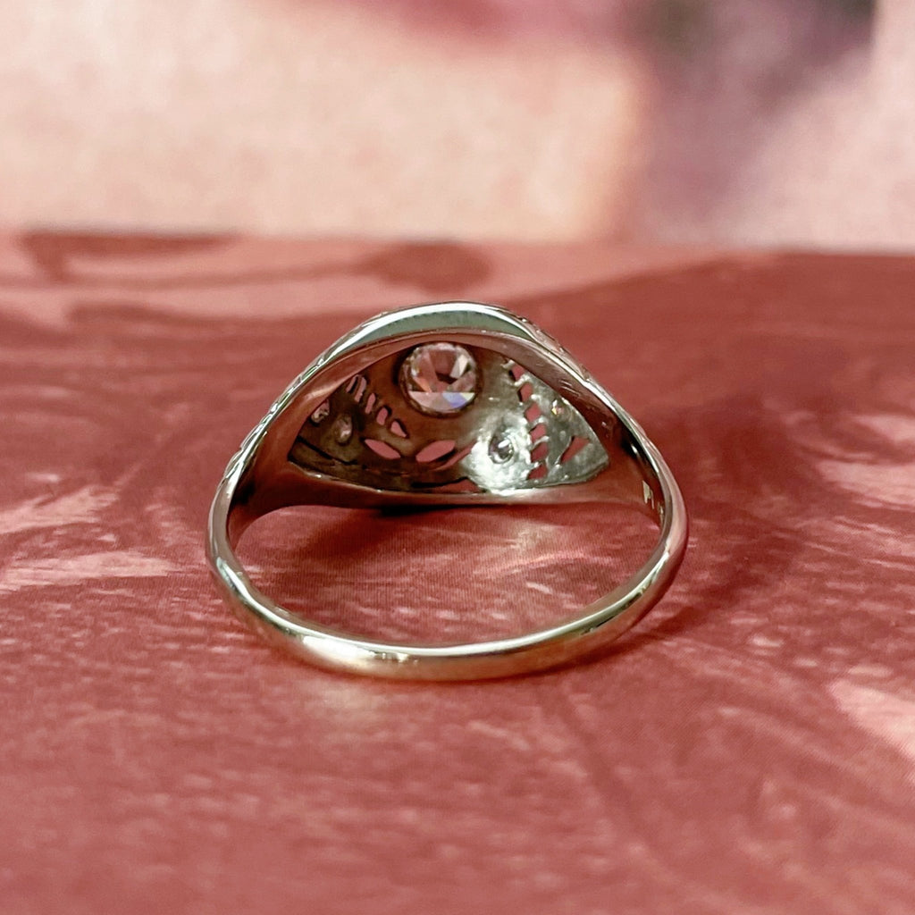 Art Deco Platinum, 14k White Gold, and Diamond Filigree Ring - Clover Collective Antiques