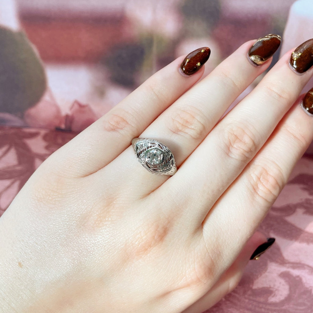 Art Deco Platinum, 14k White Gold, and Diamond Filigree Ring - Clover Collective Antiques