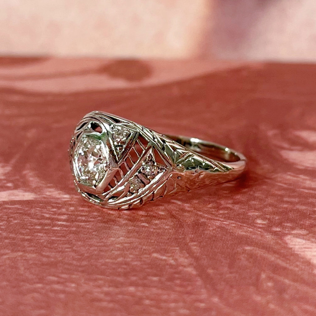 Art Deco Platinum, 14k White Gold, and Diamond Filigree Ring - Clover Collective Antiques