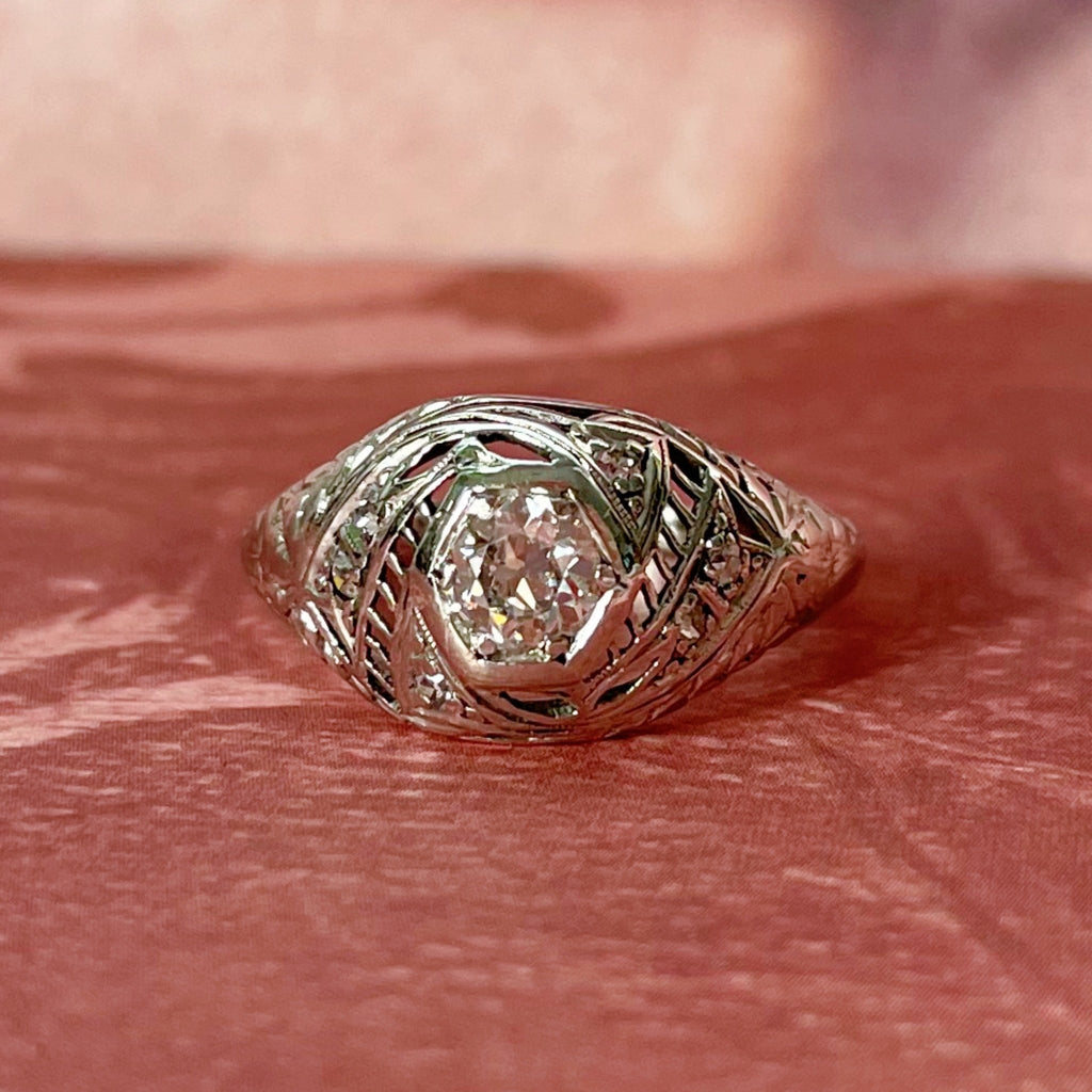 Art Deco Platinum, 14k White Gold, and Diamond Filigree Ring - Clover Collective Antiques