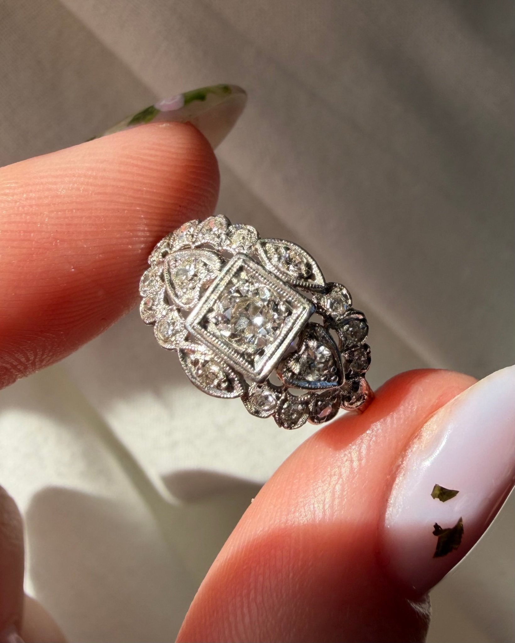 Art Deco Platinum and Diamond Filigree Ring - Clover Collective Antiques