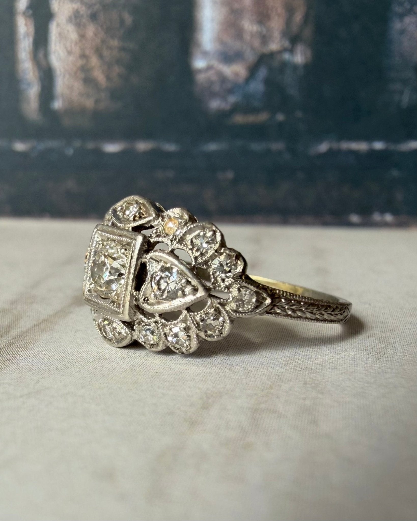 Art Deco Platinum and Diamond Filigree Ring - Clover Collective Antiques
