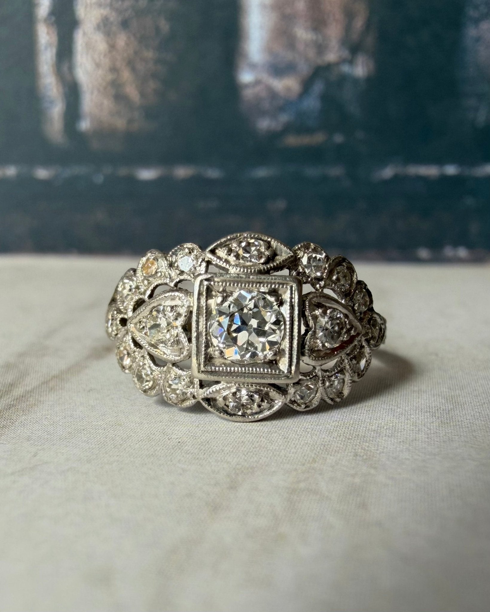 Art Deco Platinum and Diamond Filigree Ring - Clover Collective Antiques