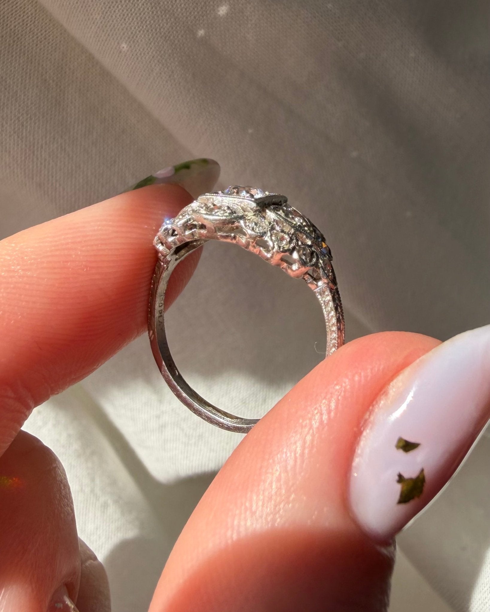 Art Deco Platinum and Diamond Filigree Ring - Clover Collective Antiques