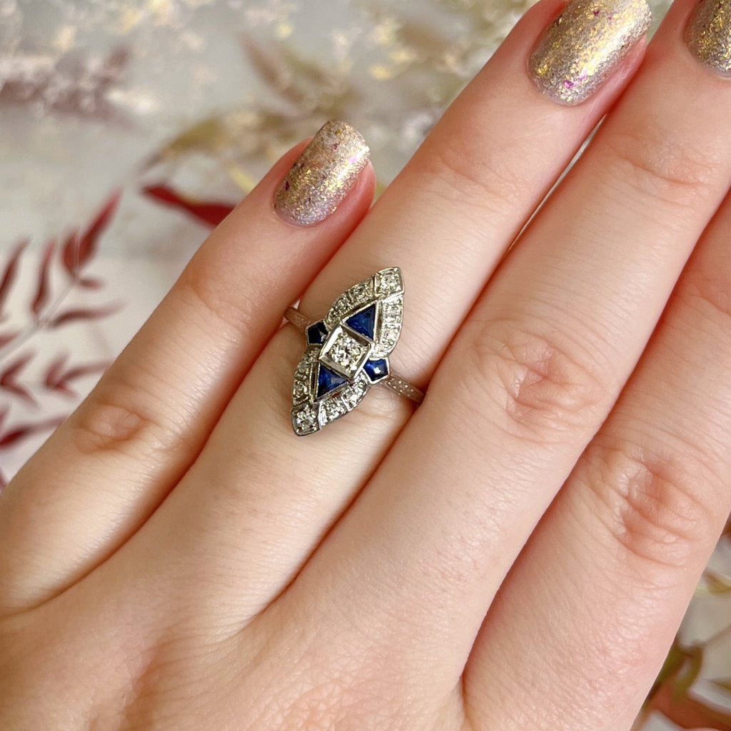 Art Deco Platinum, Diamond, and Sapphire Navette Ring - Clover Collective Antiques
